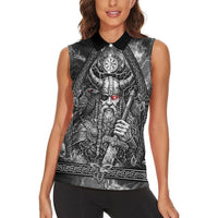 Viking Warrior Raven Axe Vegvisir Women Sleeveless Polo Shirt Odin Warrior Nordic Runic Engraved Illustration Style