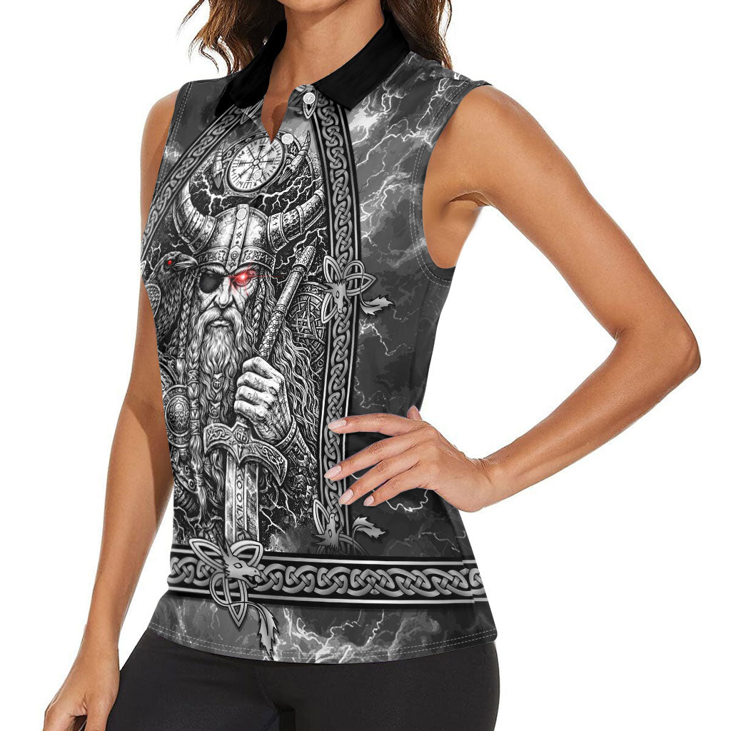 Viking Warrior Raven Axe Vegvisir Women Sleeveless Polo Shirt Odin Warrior Nordic Runic Engraved Illustration Style