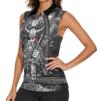 Viking Warrior Raven Axe Vegvisir Women Sleeveless Polo Shirt Odin Warrior Nordic Runic Engraved Illustration Style