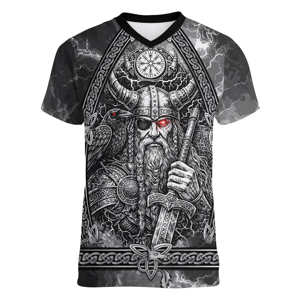 Viking Warrior Raven Axe Vegvisir Women V-Neck T-Shirt Odin Warrior Nordic Runic Engraved Illustration Style