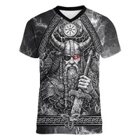 Viking Warrior Raven Axe Vegvisir Women V-Neck T-Shirt Odin Warrior Nordic Runic Engraved Illustration Style
