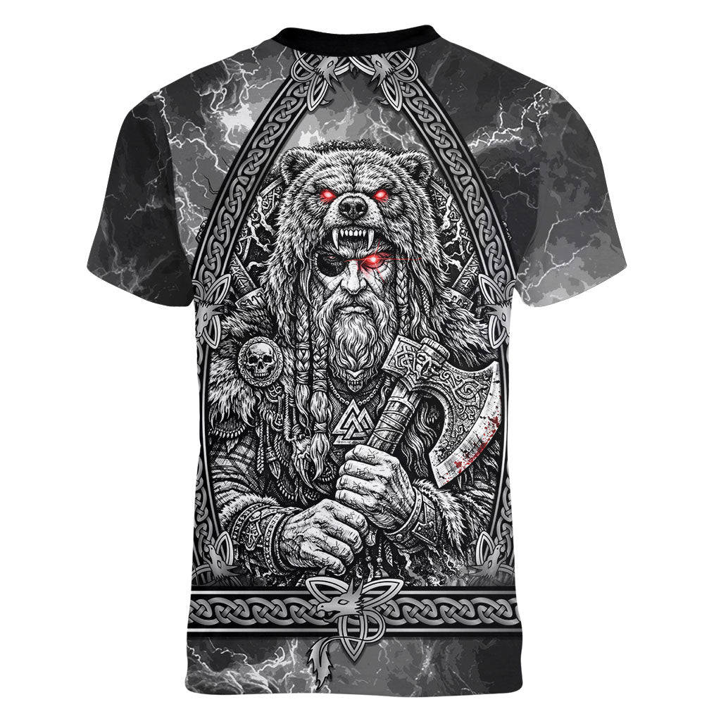 Viking Warrior Raven Axe Vegvisir Women V-Neck T-Shirt Odin Warrior Nordic Runic Engraved Illustration Style