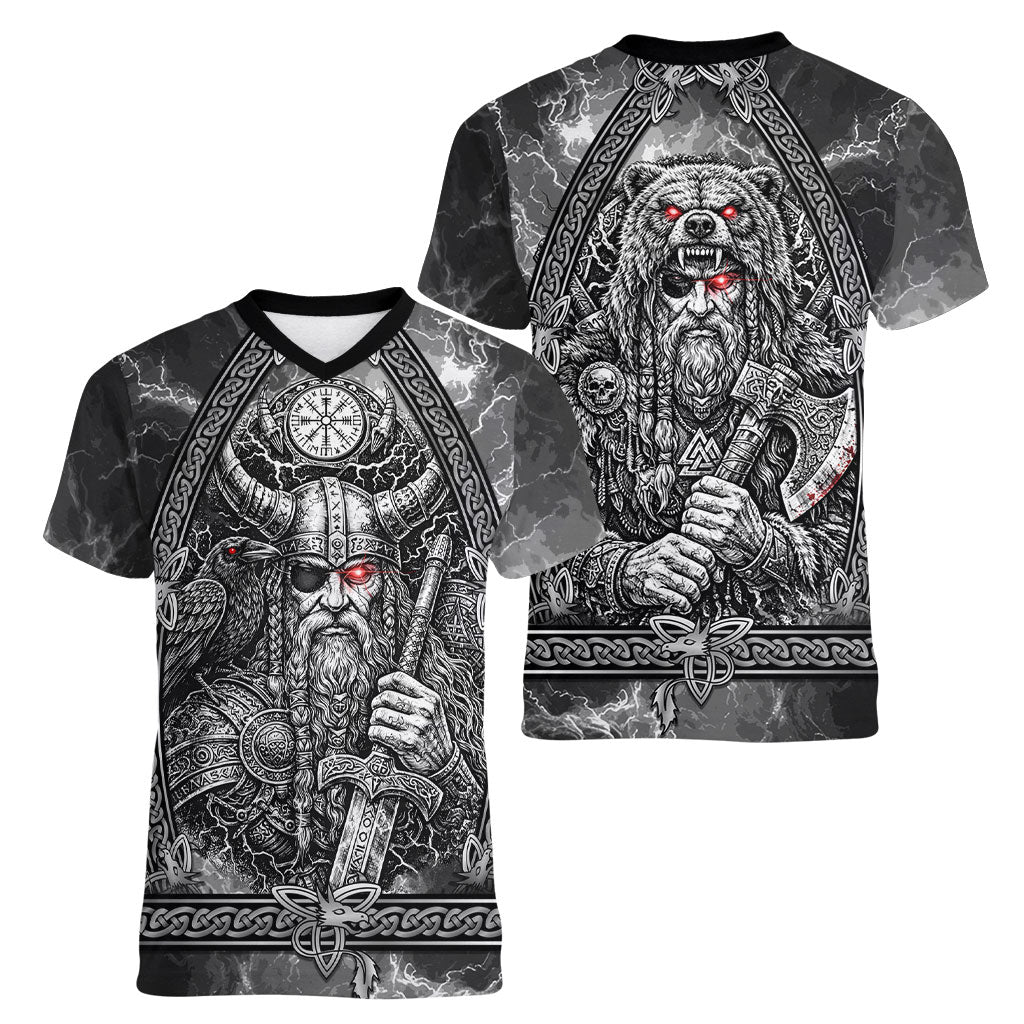 Viking Warrior Raven Axe Vegvisir Women V-Neck T-Shirt Odin Warrior Nordic Runic Engraved Illustration Style