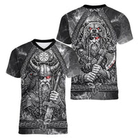 Viking Warrior Raven Axe Vegvisir Women V-Neck T-Shirt Odin Warrior Nordic Runic Engraved Illustration Style