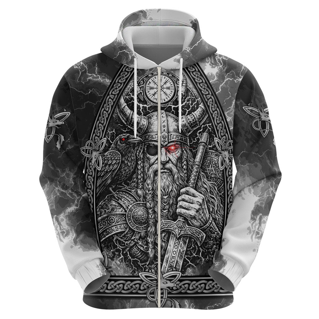 Viking Warrior Raven Axe Vegvisir Zip Hoodie Odin Warrior Nordic Runic Engraved Illustration Style