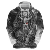 Viking Warrior Raven Axe Vegvisir Zip Hoodie Odin Warrior Nordic Runic Engraved Illustration Style