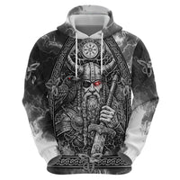 Viking Warrior Raven Axe Vegvisir Zip Hoodie Odin Warrior Nordic Runic Engraved Illustration Style