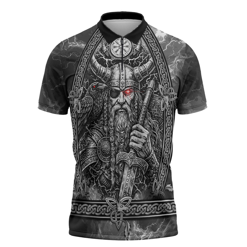 Viking Warrior Raven Axe Vegvisir Zipper Polo Shirt Odin Warrior Nordic Runic Engraved Illustration Style