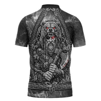 Viking Warrior Raven Axe Vegvisir Zipper Polo Shirt Odin Warrior Nordic Runic Engraved Illustration Style