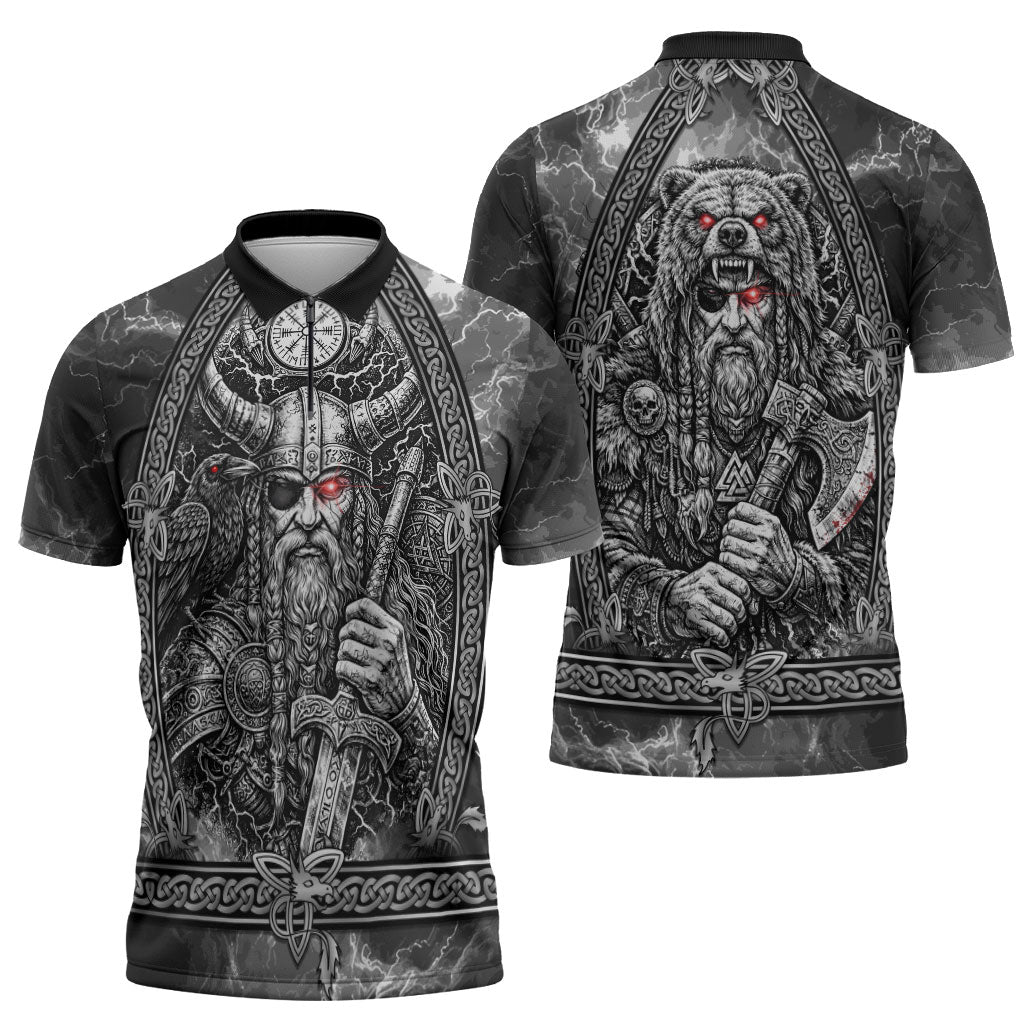 Viking Warrior Raven Axe Vegvisir Zipper Polo Shirt Odin Warrior Nordic Runic Engraved Illustration Style