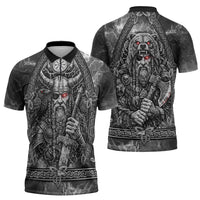 Viking Warrior Raven Axe Vegvisir Zipper Polo Shirt Odin Warrior Nordic Runic Engraved Illustration Style