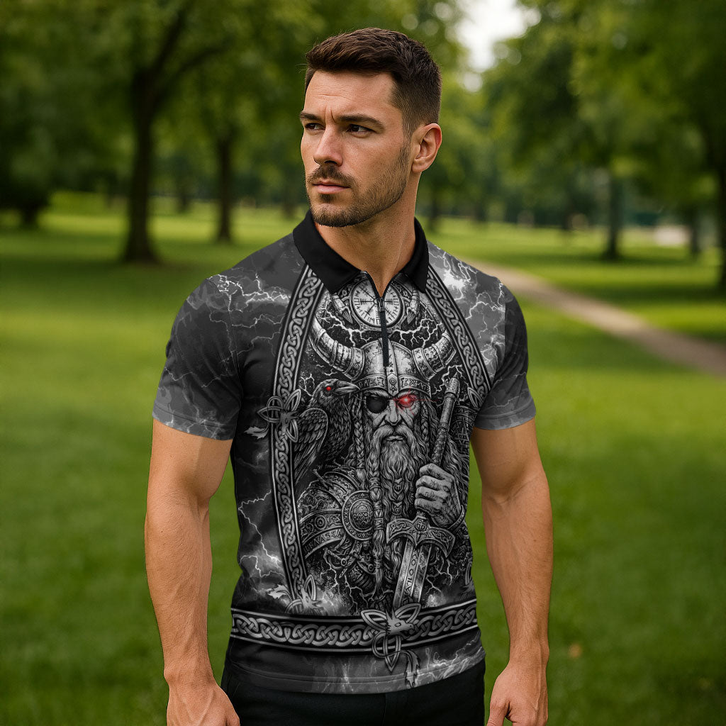 Viking Warrior Raven Axe Vegvisir Zipper Polo Shirt Odin Warrior Nordic Runic Engraved Illustration Style