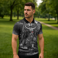 Viking Warrior Raven Axe Vegvisir Zipper Polo Shirt Odin Warrior Nordic Runic Engraved Illustration Style