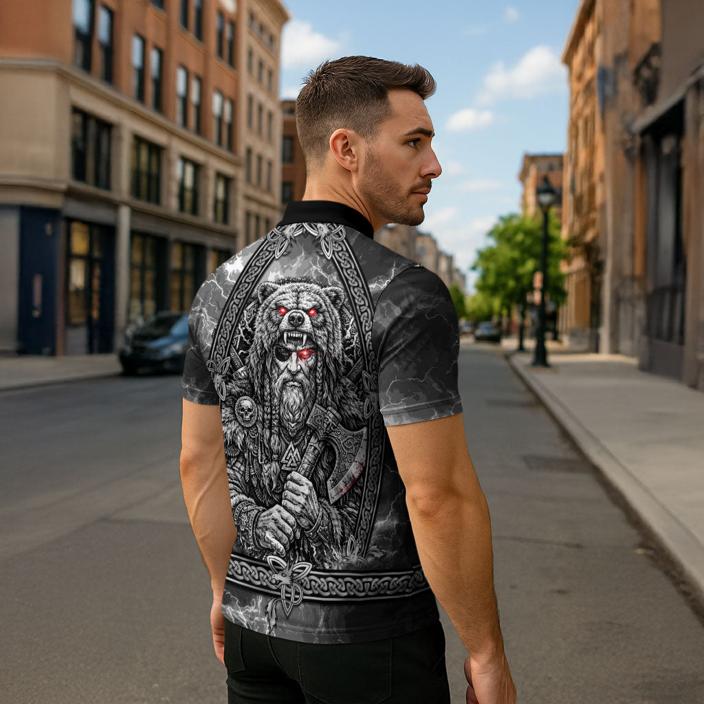 Viking Warrior Raven Axe Vegvisir Zipper Polo Shirt Odin Warrior Nordic Runic Engraved Illustration Style