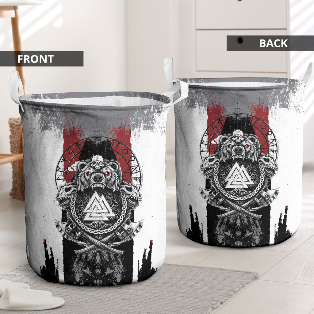 Viking Berserker Bear Valknut Vegvisir Laundry Basket Nordic Runic Warrior Engraving Style