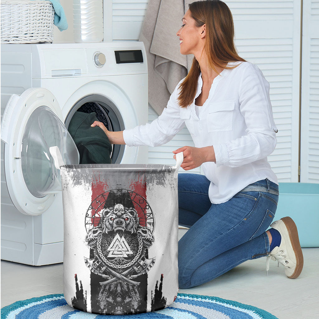 Viking Berserker Bear Valknut Vegvisir Laundry Basket Nordic Runic Warrior Engraving Style