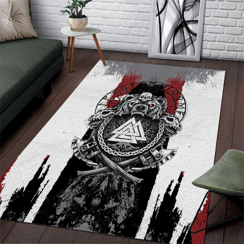 Viking Berserker Bear Valknut Vegvisir Area Rug Nordic Runic Warrior Engraving Style