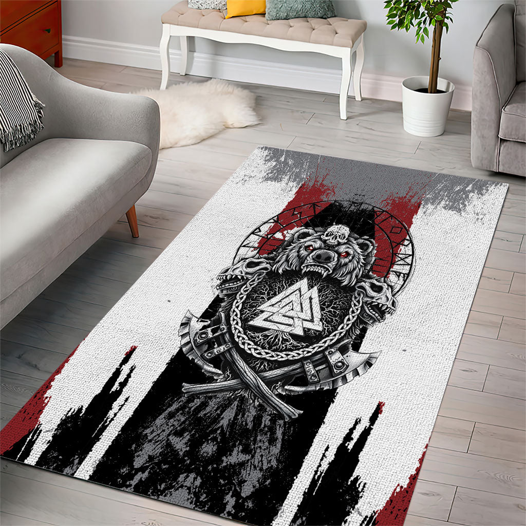 Viking Berserker Bear Valknut Vegvisir Area Rug Nordic Runic Warrior Engraving Style