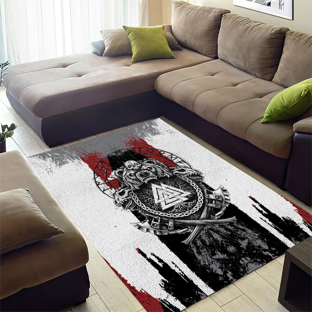 Viking Berserker Bear Valknut Vegvisir Area Rug Nordic Runic Warrior Engraving Style