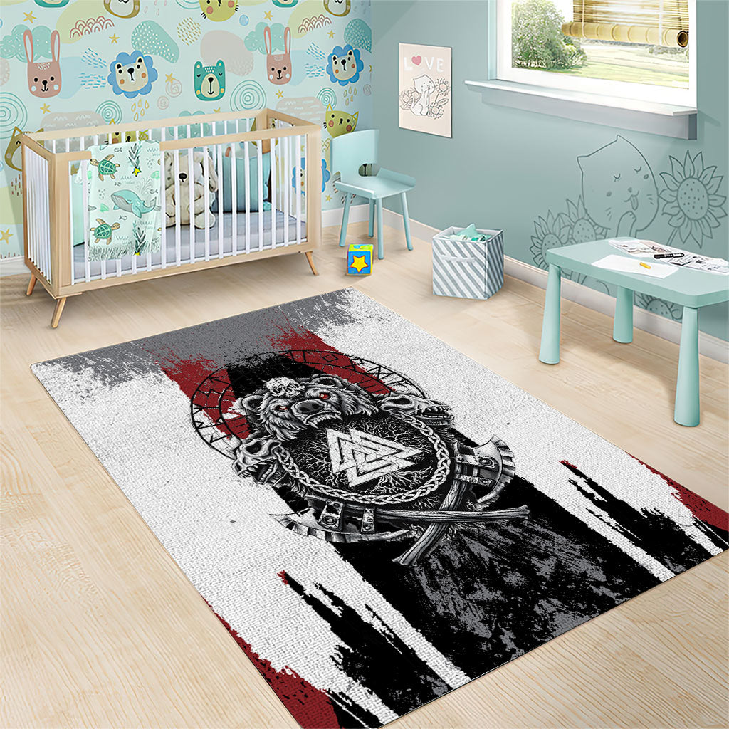 Viking Berserker Bear Valknut Vegvisir Area Rug Nordic Runic Warrior Engraving Style