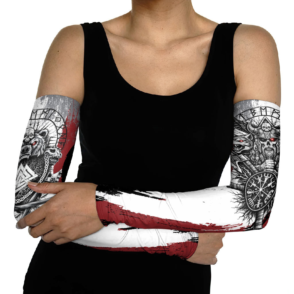Viking Berserker Bear Valknut Vegvisir Arm Sleeves Nordic Runic Warrior Engraving Style