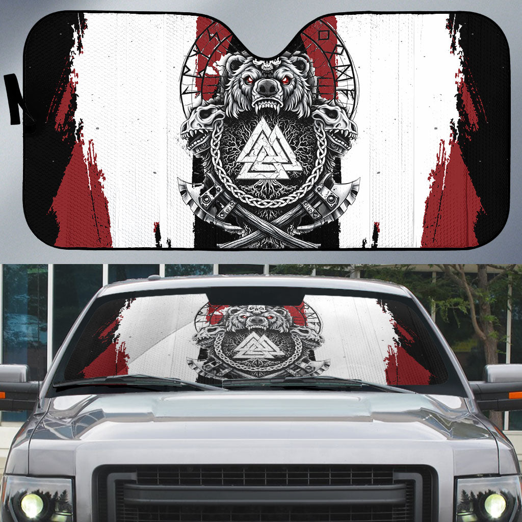 Viking Berserker Bear Valknut Vegvisir Auto Sun Shade Nordic Runic Warrior Engraving Style