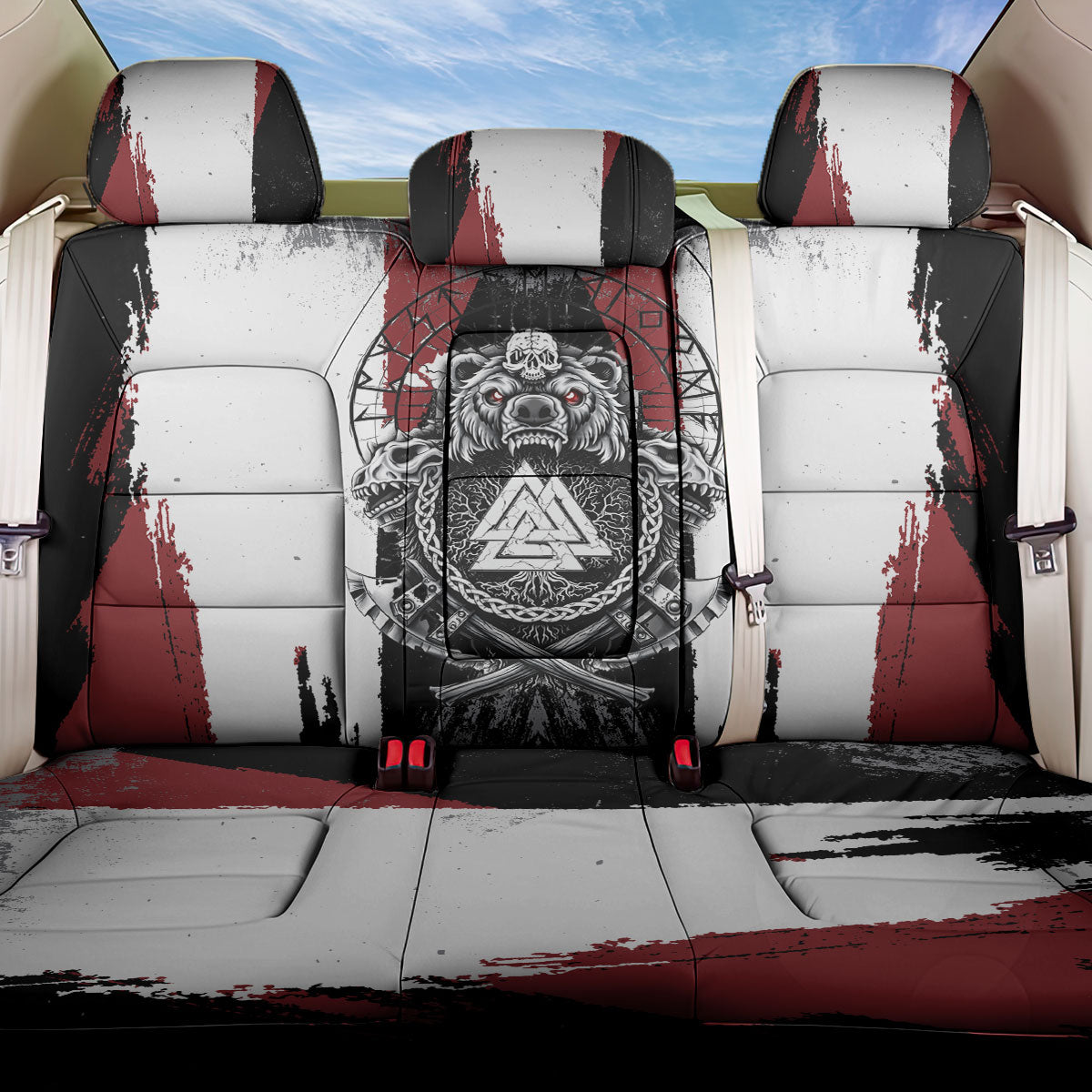 Viking Berserker Bear Valknut Vegvisir Back Car Seat Cover Nordic Runic Warrior Engraving Style