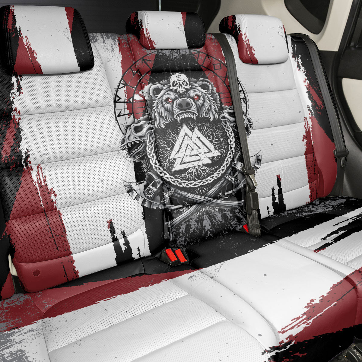 Viking Berserker Bear Valknut Vegvisir Back Car Seat Cover Nordic Runic Warrior Engraving Style