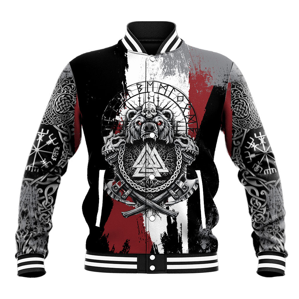 Viking Berserker Bear Valknut Vegvisir Baseball Jacket Nordic Runic Warrior Engraving Style