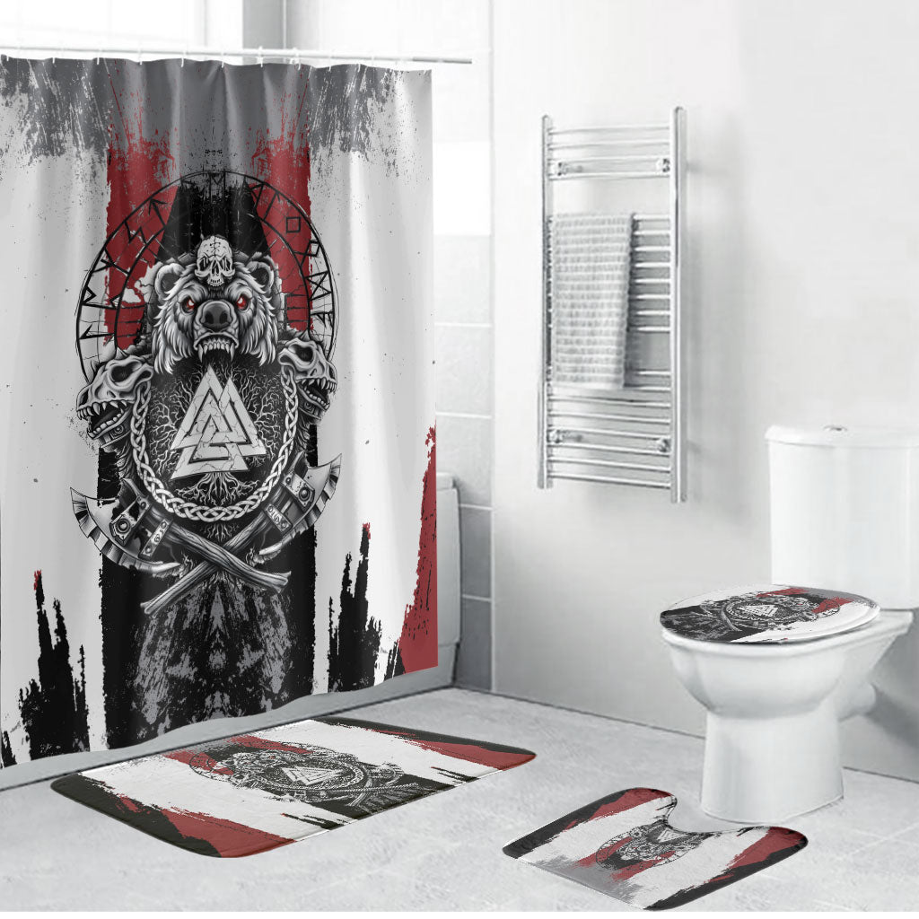 Viking Berserker Bear Valknut Vegvisir Bathroom Set Nordic Runic Warrior Engraving Style