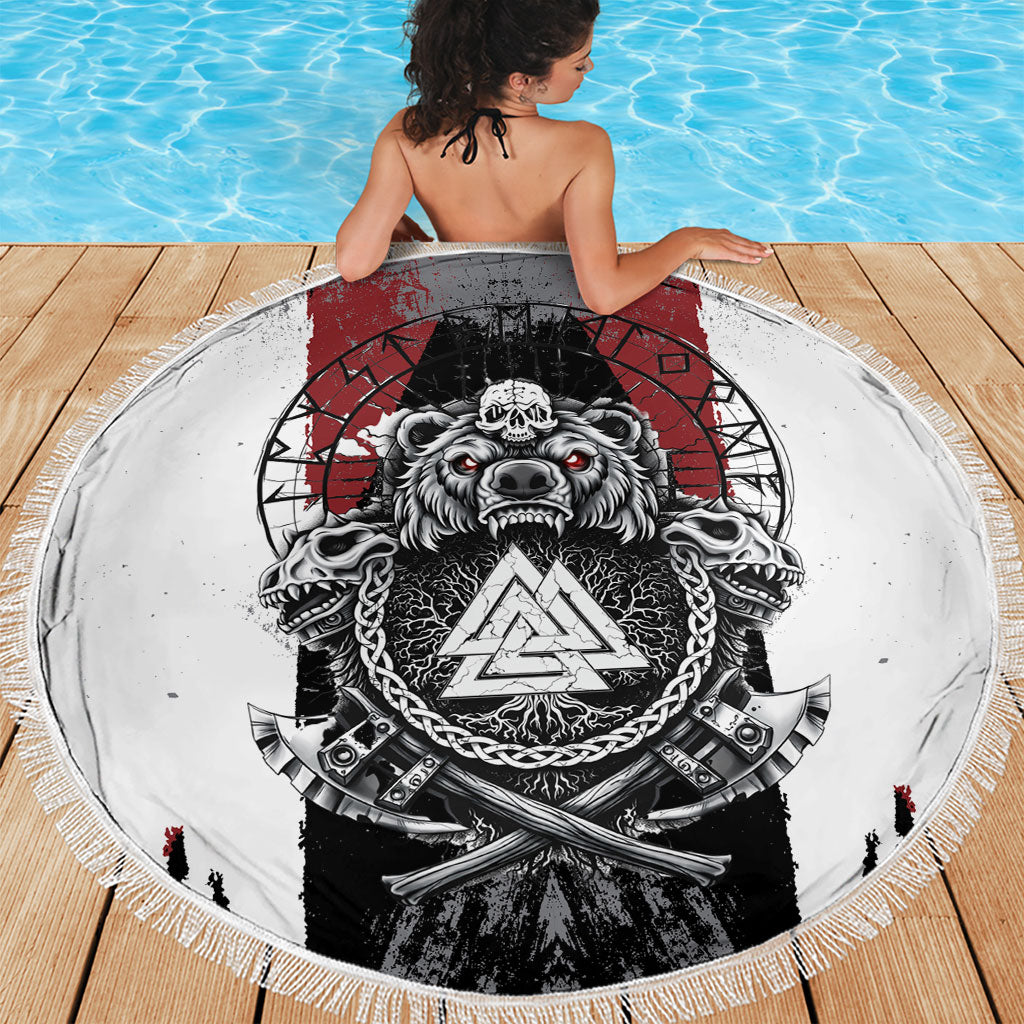 Viking Berserker Bear Valknut Vegvisir Beach Blanket Nordic Runic Warrior Engraving Style