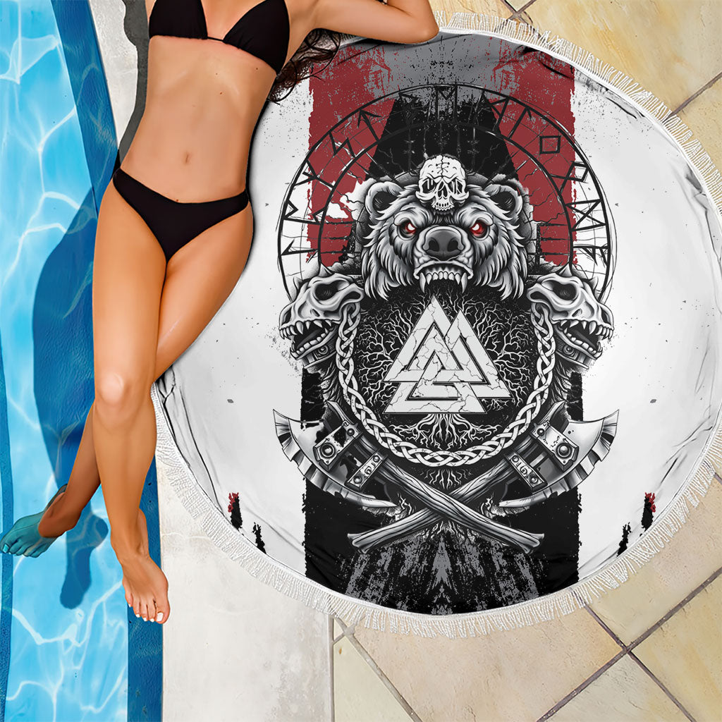 Viking Berserker Bear Valknut Vegvisir Beach Blanket Nordic Runic Warrior Engraving Style