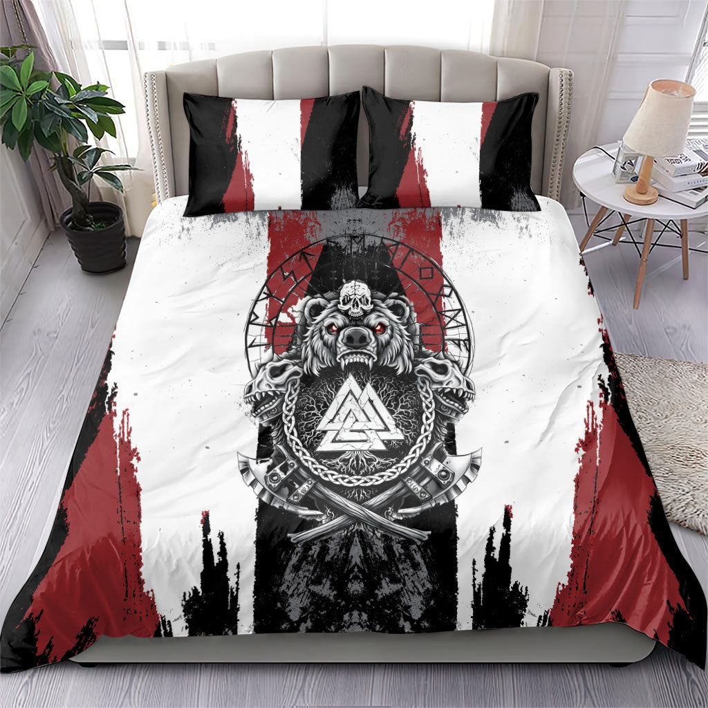 Viking Berserker Bear Valknut Vegvisir Bedding Set Nordic Runic Warrior Engraving Style