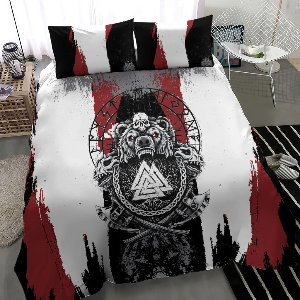 Viking Berserker Bear Valknut Vegvisir Bedding Set Nordic Runic Warrior Engraving Style