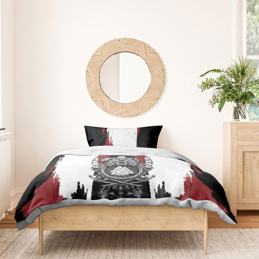 Viking Berserker Bear Valknut Vegvisir Bedding Set Nordic Runic Warrior Engraving Style