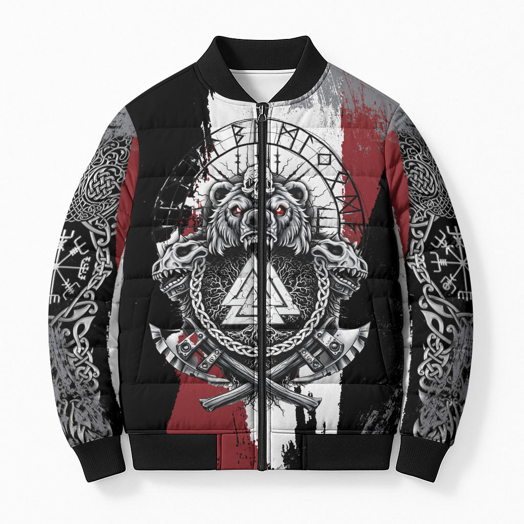 Viking Berserker Bear Valknut Vegvisir Bomber Puffer Jacket Nordic Runic Warrior Engraving Style