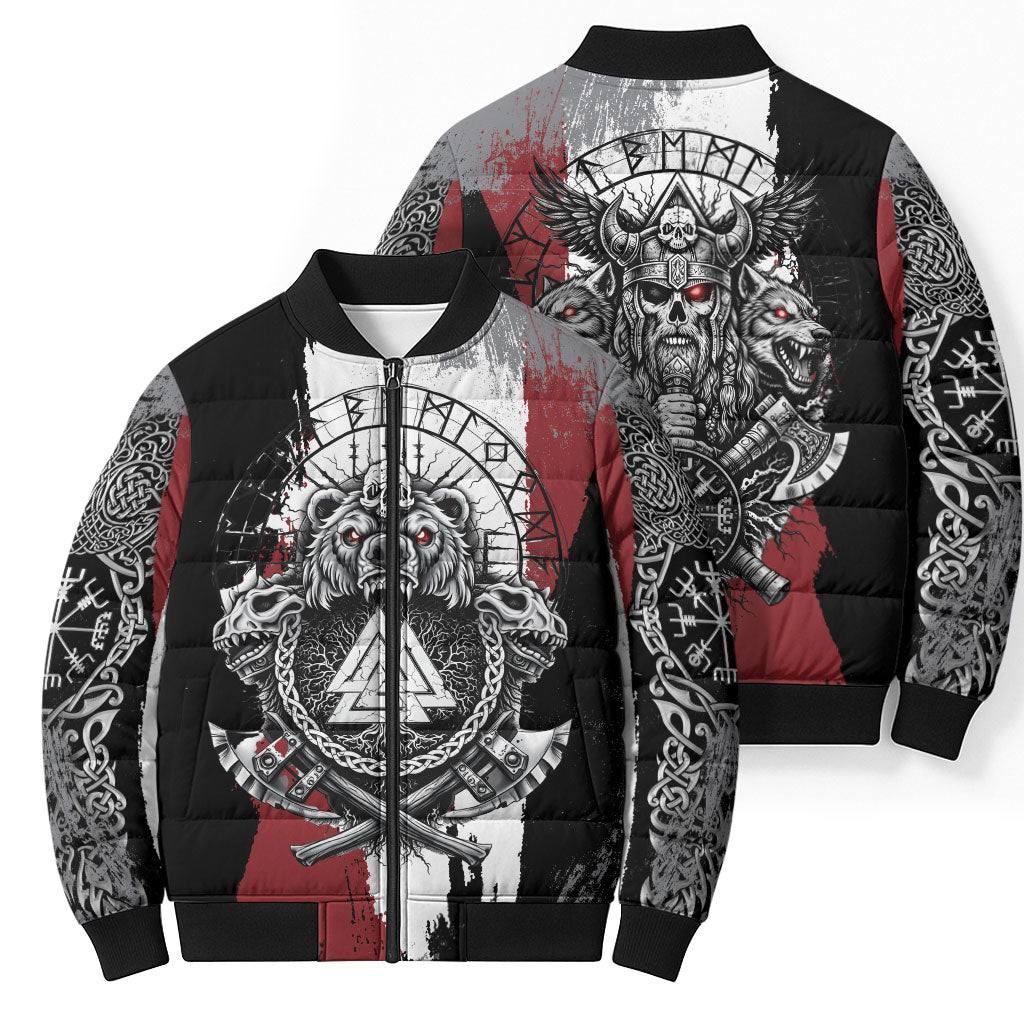 Viking Berserker Bear Valknut Vegvisir Bomber Puffer Jacket Nordic Runic Warrior Engraving Style
