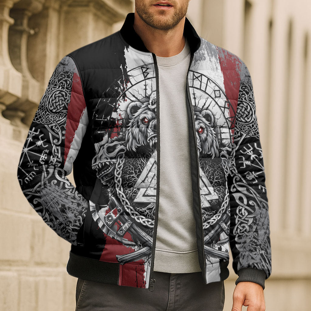 Viking Berserker Bear Valknut Vegvisir Bomber Puffer Jacket Nordic Runic Warrior Engraving Style