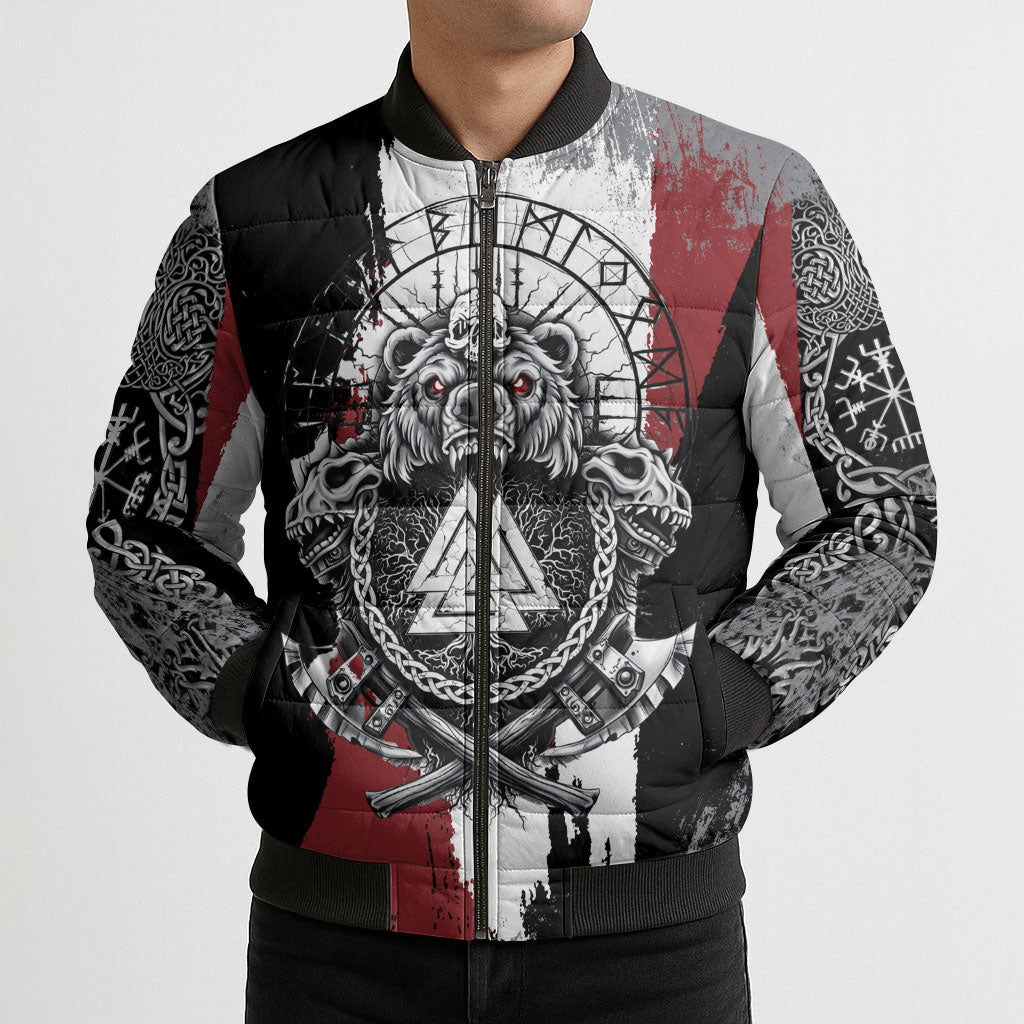Viking Berserker Bear Valknut Vegvisir Bomber Puffer Jacket Nordic Runic Warrior Engraving Style