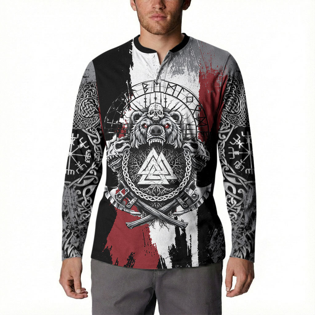 Viking Berserker Bear Valknut Vegvisir Button Sweatshirt Nordic Runic Warrior Engraving Style