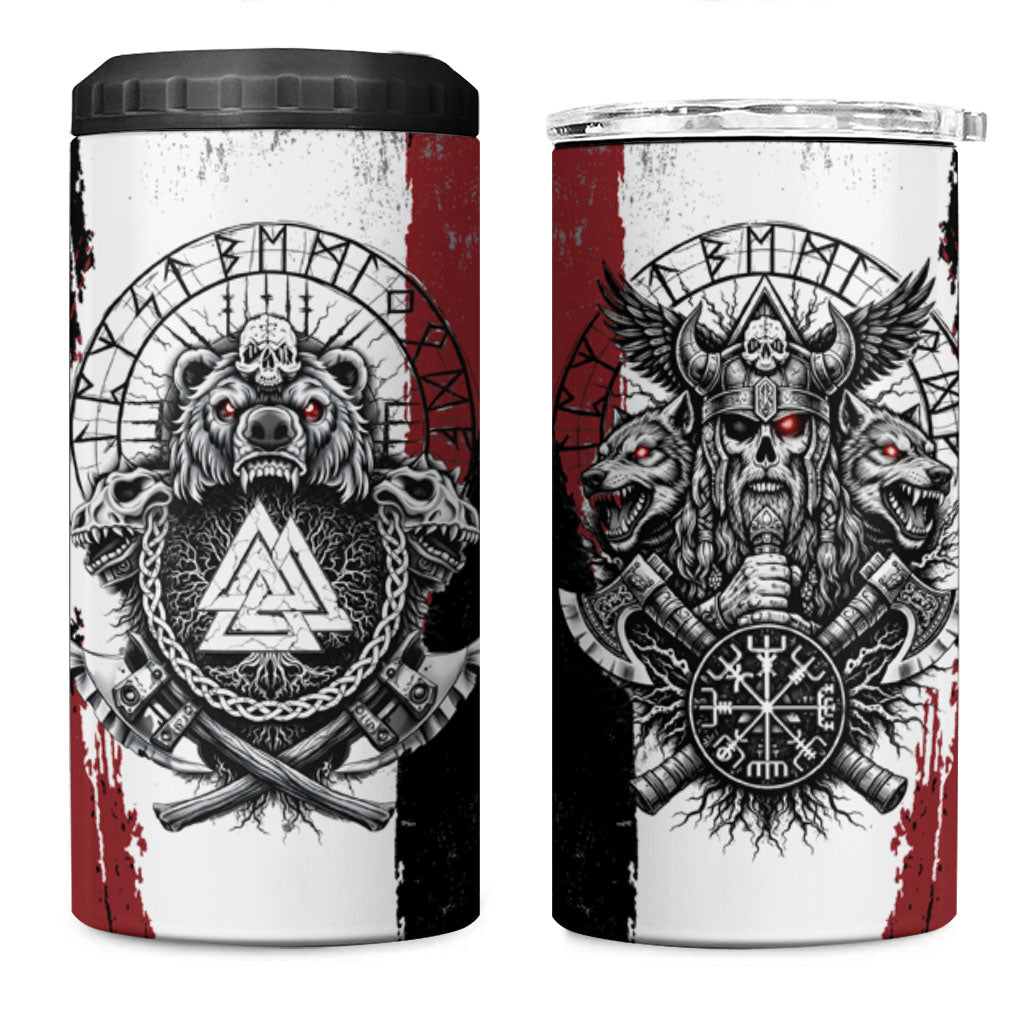Viking Berserker Bear Valknut Vegvisir 4 in 1 Can Cooler Tumbler Nordic Runic Warrior Engraving Style