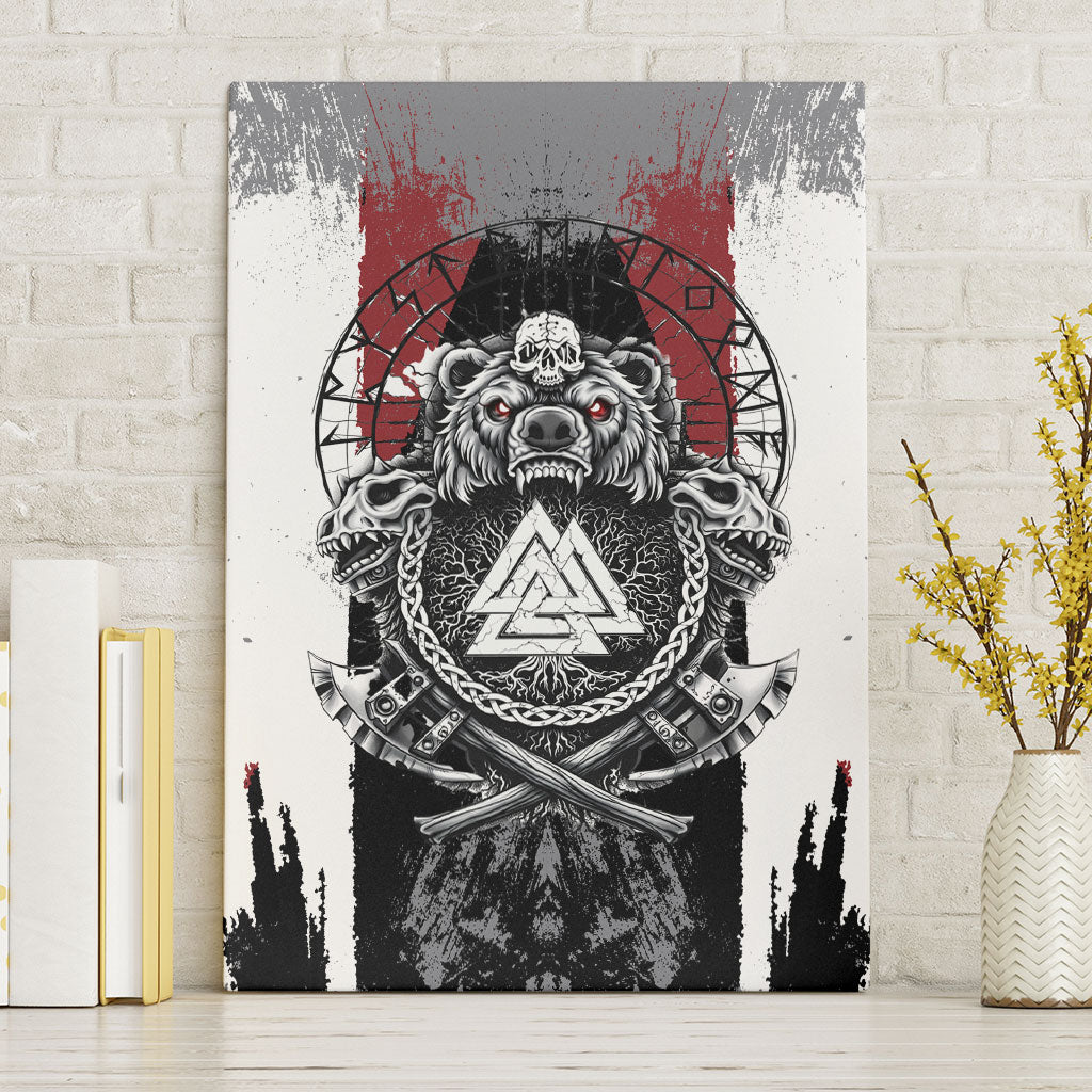 Viking Berserker Bear Valknut Vegvisir Canvas Wall Art Nordic Runic Warrior Engraving Style