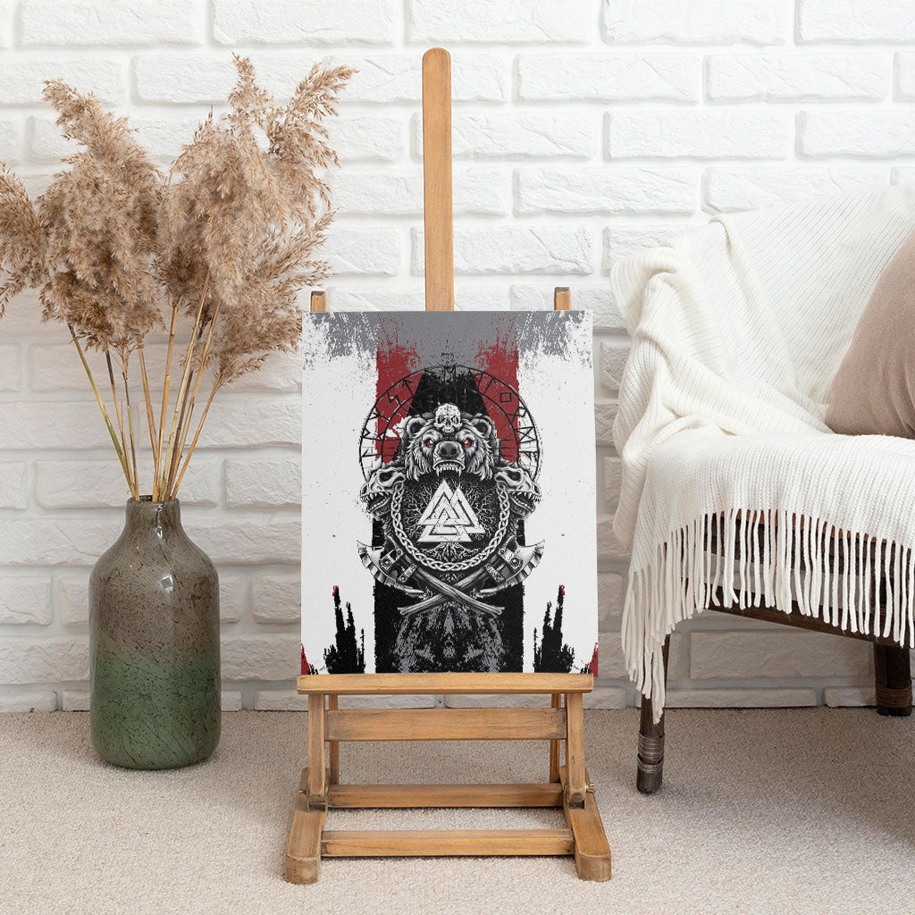 Viking Berserker Bear Valknut Vegvisir Canvas Wall Art Nordic Runic Warrior Engraving Style
