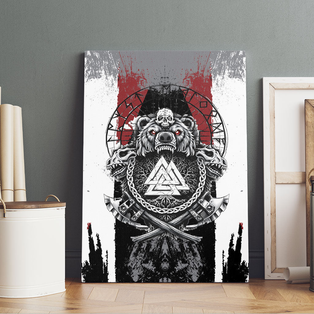 Viking Berserker Bear Valknut Vegvisir Canvas Wall Art Nordic Runic Warrior Engraving Style