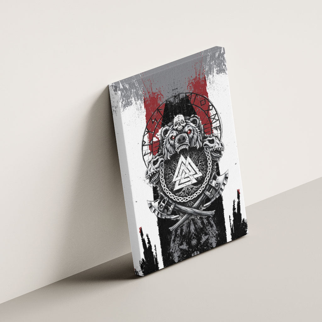 Viking Berserker Bear Valknut Vegvisir Canvas Wall Art Nordic Runic Warrior Engraving Style