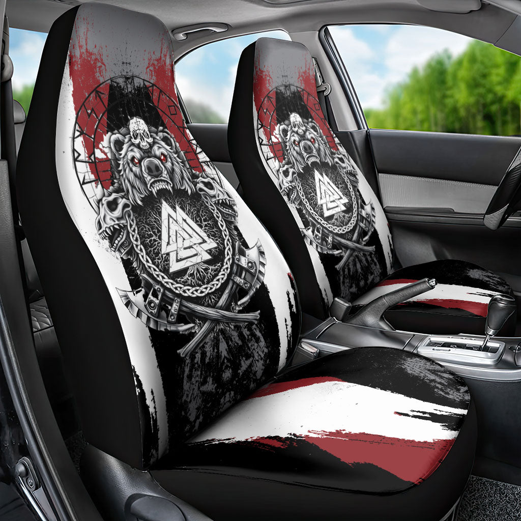Viking Berserker Bear Valknut Vegvisir Car Seat Cover Nordic Runic Warrior Engraving Style