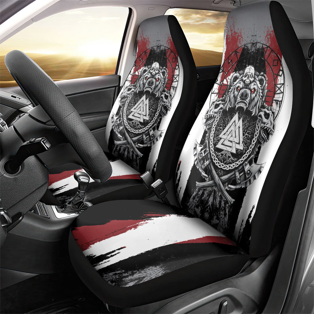 Viking Berserker Bear Valknut Vegvisir Car Seat Cover Nordic Runic Warrior Engraving Style