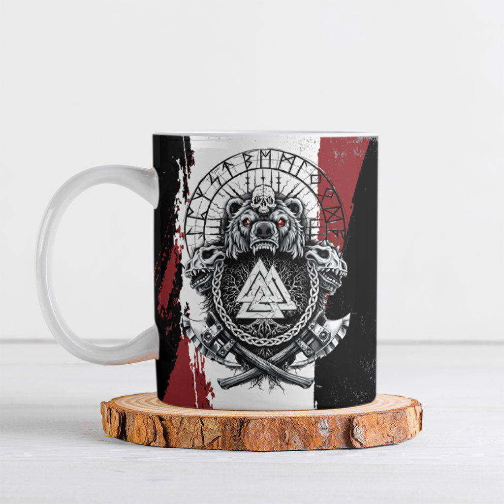 Viking Berserker Bear Valknut Vegvisir Ceramic Mug Nordic Runic Warrior Engraving Style