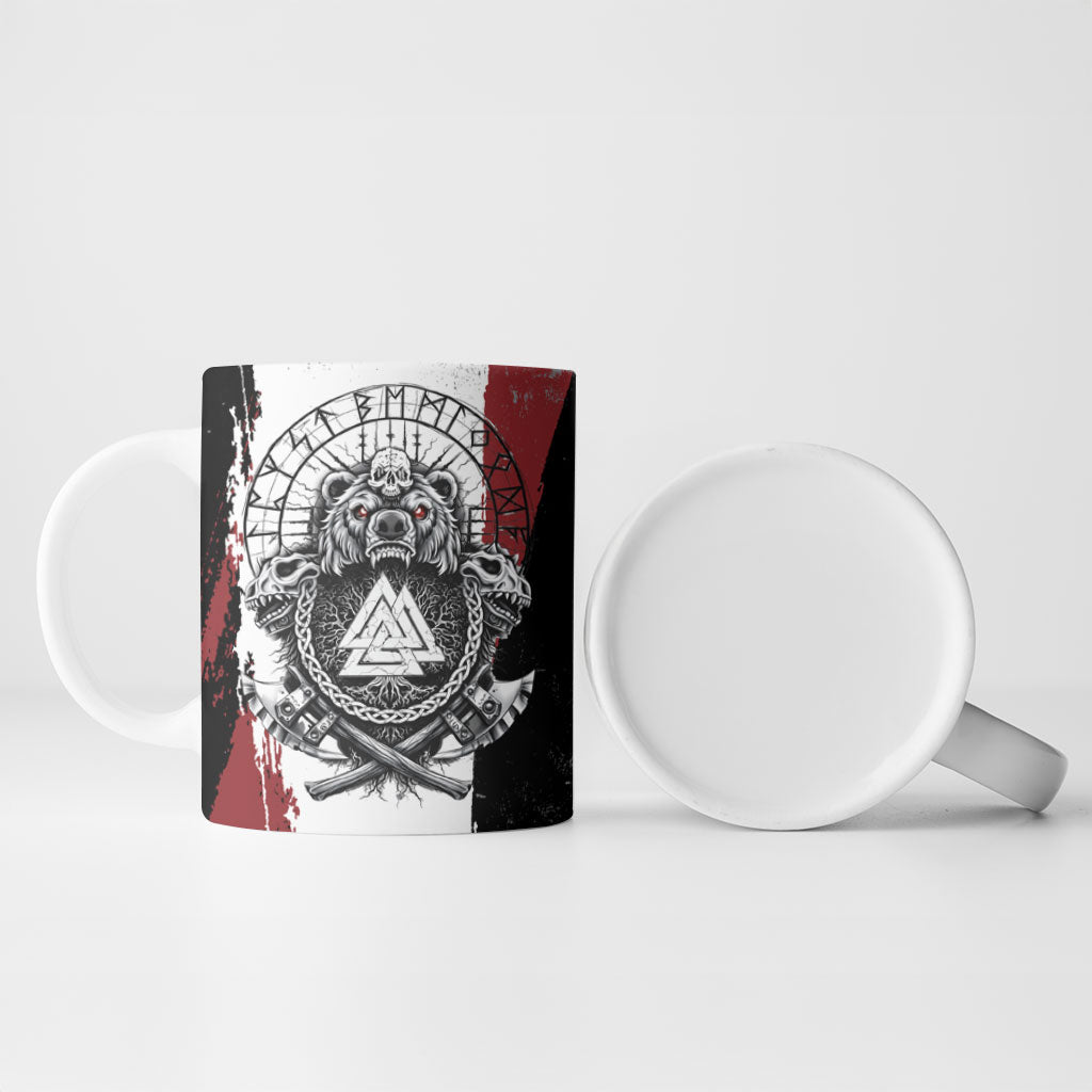 Viking Berserker Bear Valknut Vegvisir Ceramic Mug Nordic Runic Warrior Engraving Style