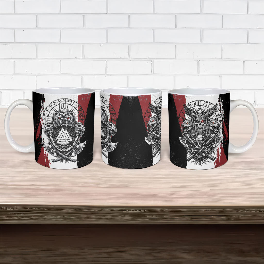 Viking Berserker Bear Valknut Vegvisir Ceramic Mug Nordic Runic Warrior Engraving Style